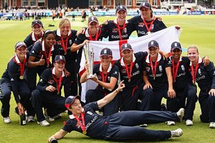 The England team poses with the ICC Women's World Twenty20 trophy after beating New Zealand by six wickets at Lord's © Getty Images
