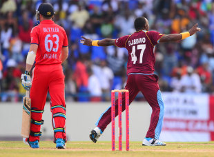 Dwayne Bravo took two wickets in two balls to give West Indies hope, but the hosts lost by three wickets in Antigua © AFP