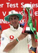 Michael Vaughan with the series trophy after England finished off Bangladesh in just over two days at Durham © Getty Images