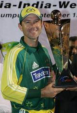 Ricky Ponting holds the DLF Cup after Australia comprehensively beat West Indies by 127 runs at Kuala Lumpur &copy; AFP