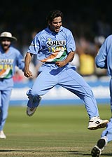 Irfan Pathan leaps for joy as England lose another wicket at Lord's &copy; Getty Images
